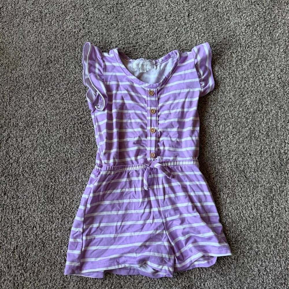 Btween Striped Romper Size 5 Purple White Flutter Sleeve Tie Waist